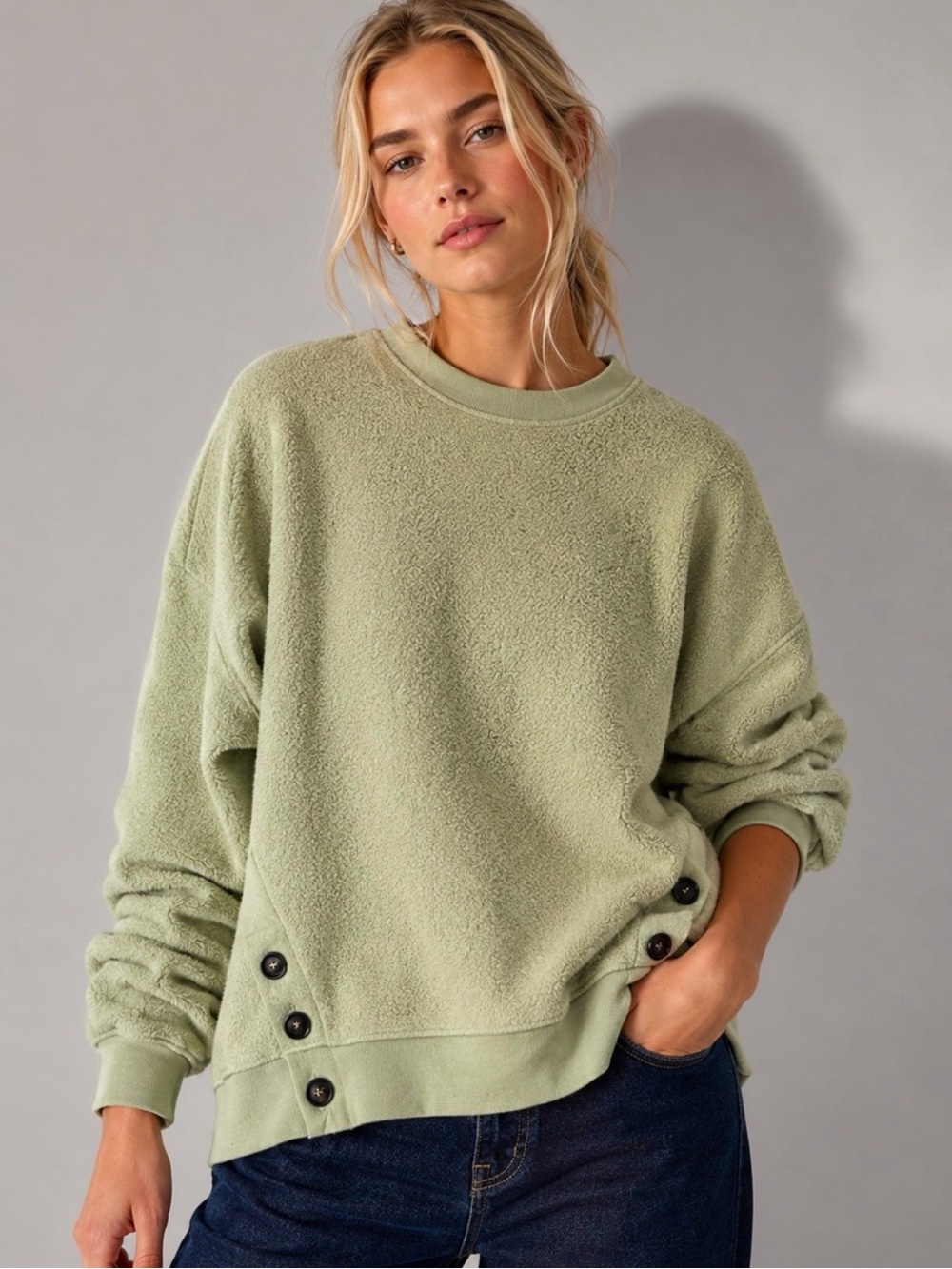 MADEWELL Sage Textured Fleece Side Button Pullover Sweatshirt Size S
